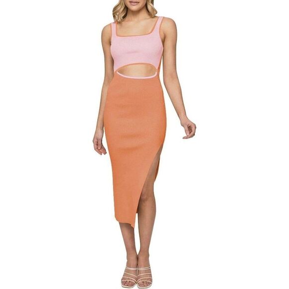 Women's Square Neck Wide Strap Sleeveless Cutout Ribbed Tank Bodycon Midi Dress - Picture 1 of 4